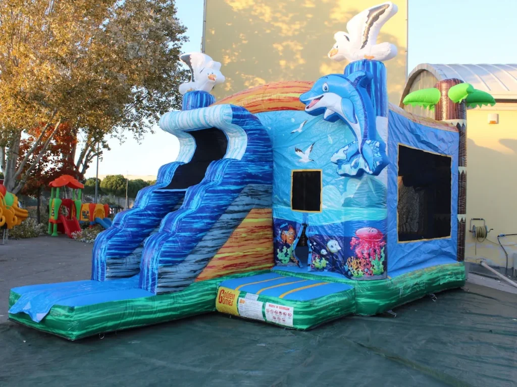 gioco gonfiabile multiattivita bounce and slide dolphin f2 mostra