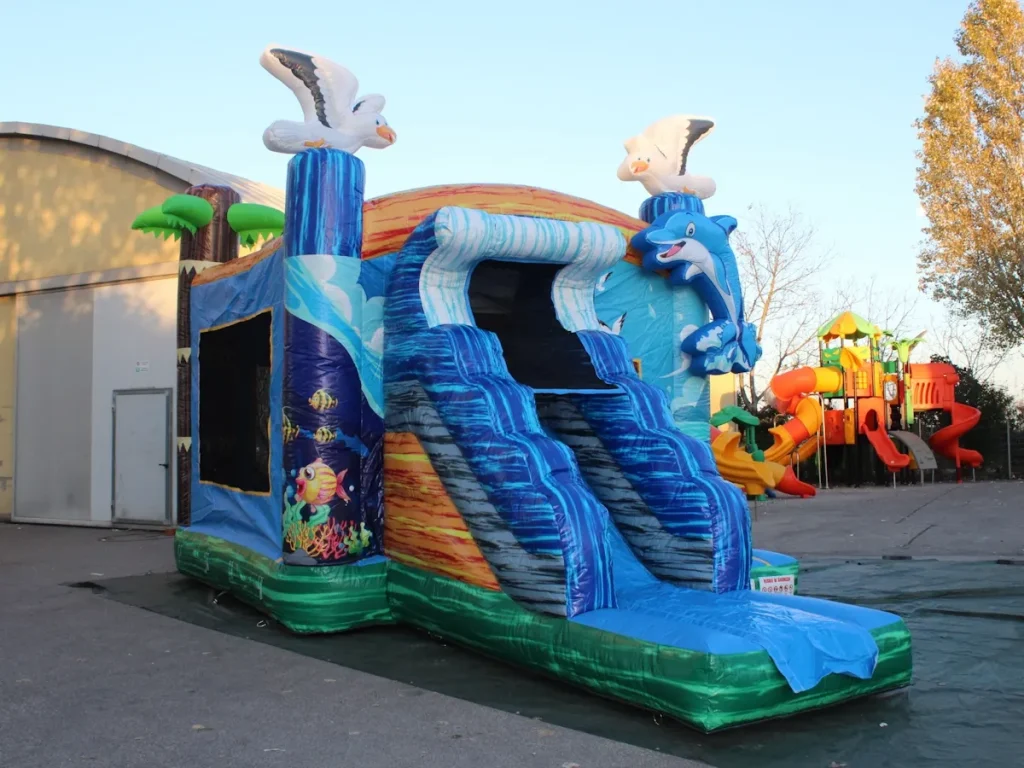 gioco gonfiabile multiattivita bounce and slide dolphin f3 mostra