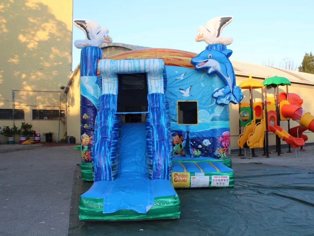gioco gonfiabile multiattivita bounce and slide dolphin f4 mostra
