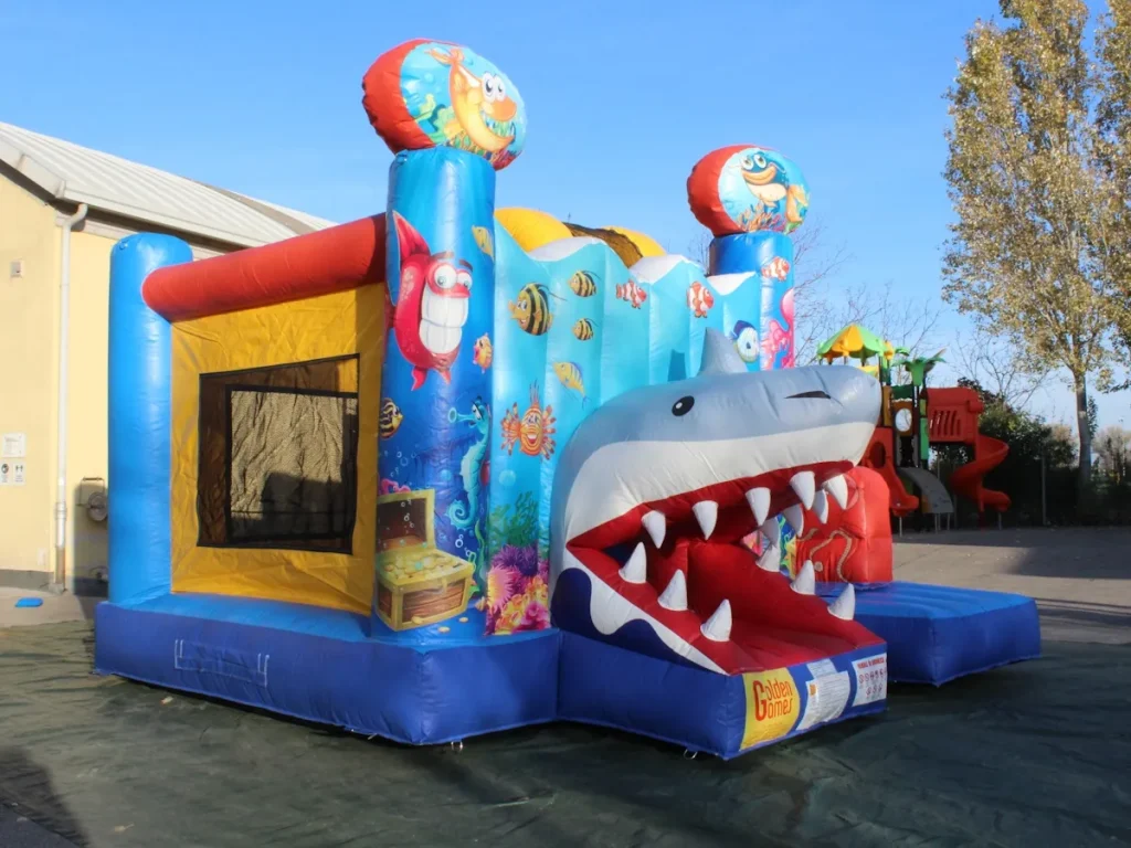 gioco gonfiabile multiattivita bounce slide shark f2 mostra